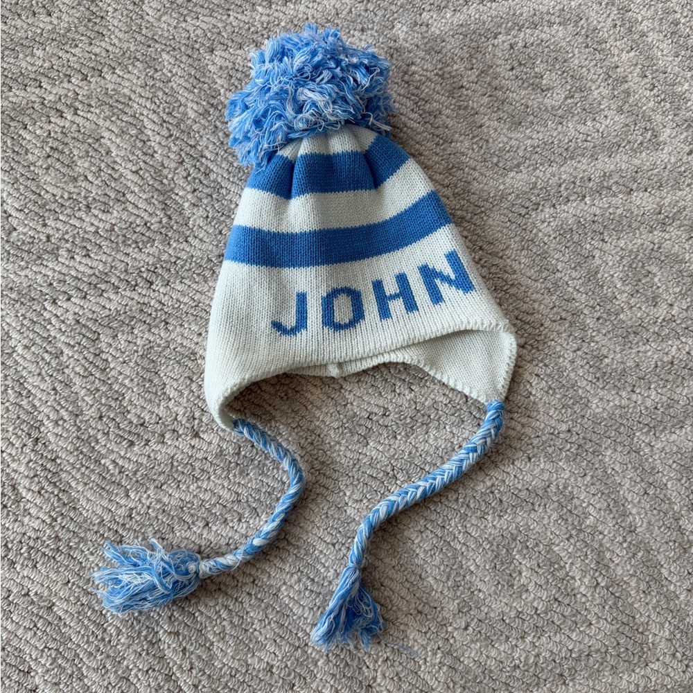 Blue and White Kids Pom-Pom Hat